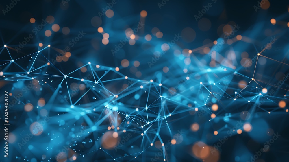 Poster abstract network of glowing nodes and connecting lines, with bokeh effects. represents global commun