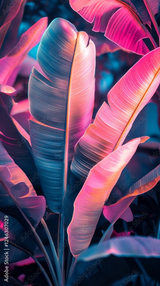 Poster lush green leaves of a tropical plant radiate with colorful hues as soft light filters through them,