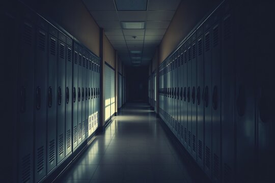 A dark school hallway lined with lockers, illuminated softly by light through nearby windows, creating a serene and reflective atmosphere.
