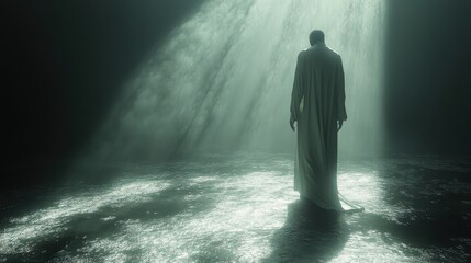 Obraz premium resurrection 3d rendering of a man in a long white robe walking in the light