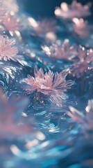 Fototapeta premium Pink translucent flowers on a blue, wavy surface.