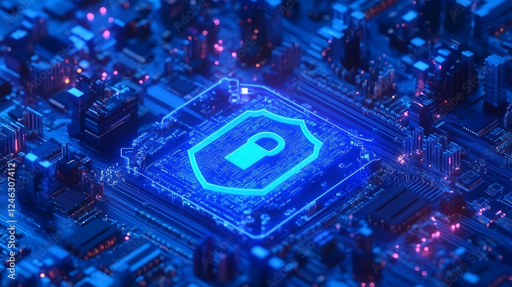 Poster futuristic cybersecurity concept with blue shield symbol on computer circuit board design elements