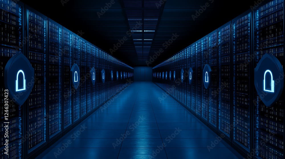 Aufkleber futuristic data center corridor with lock icons and a blue neon glow for security concepts and techn