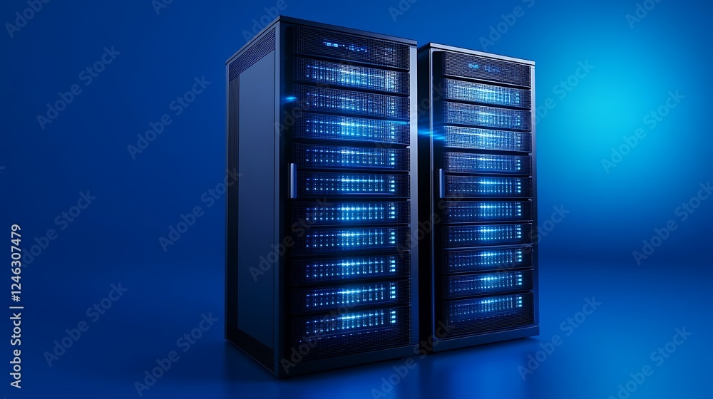 Poster futuristic data center server racks with glowing lights in a sleek blue environment for technology c