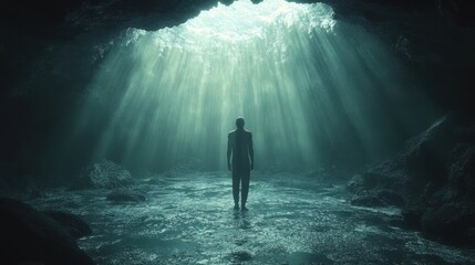 Obraz premium resurrection a silhouette of a man in a dark cave walking towards the light 3d rendering