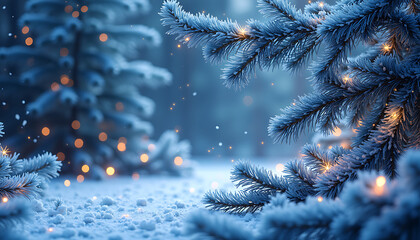 Winter pine trees with snow and lights in a misty forest