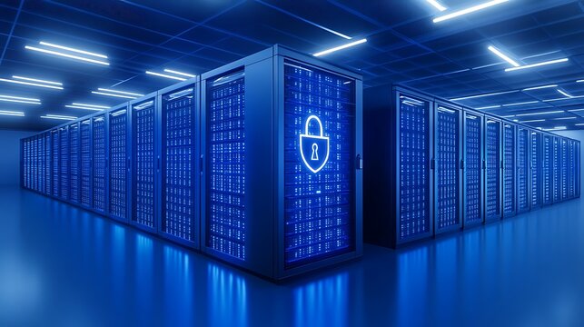 Futuristic Data Center with Secure Server Racks and Digital Padlock Symbol Representing Data Protection