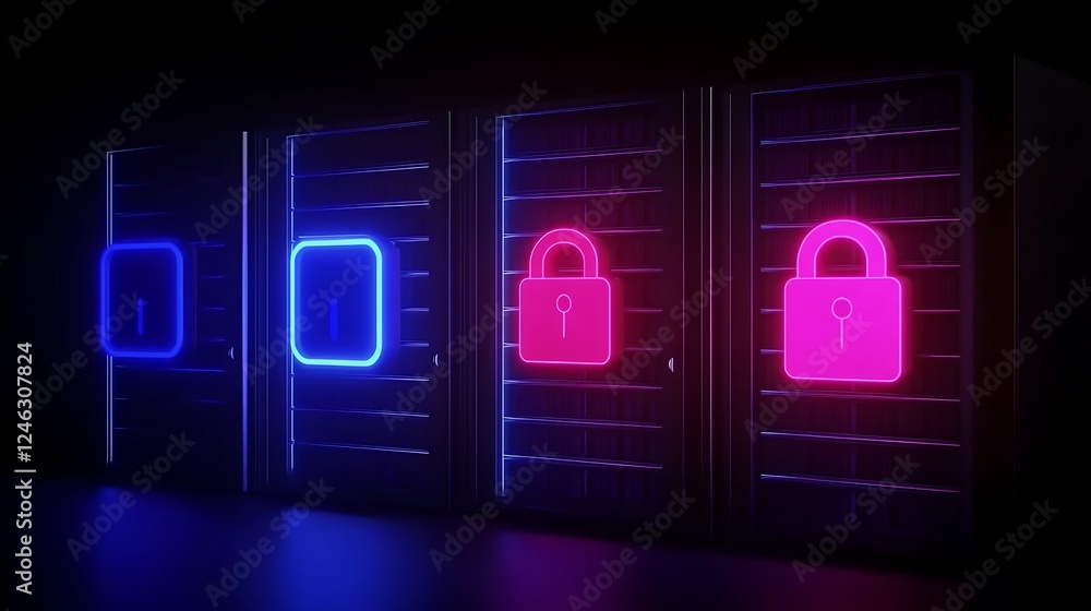 Poster futuristic data security concept with neon lock symbols on storage units in dark environment