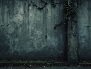 Rugged Concrete Wall With Cracks and Overgrown Ivy Vines.