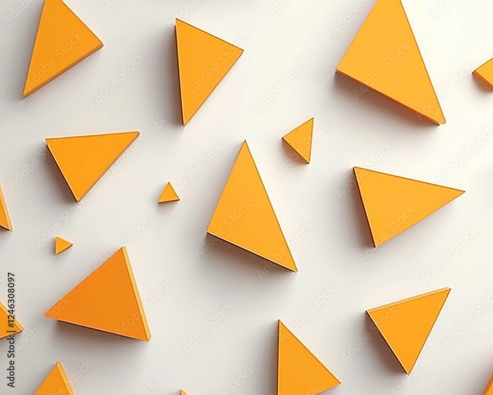 Poster scattered orange triangles on white background; abstract design