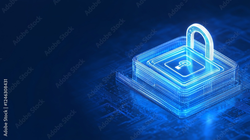 Poster futuristic digital lock icon representing cybersecurity and data protection in virtual environment