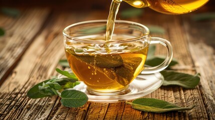 Fresh herbal tea being poured into a glass cup on a rustic wooden table with green leaves
