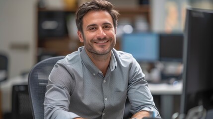 Fototapeta premium Smiling young professional working at a modern office desk during the day