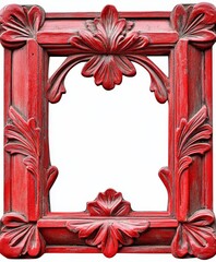 Red ornate frame, floral design, isolated, blank, vintage