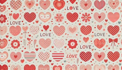 A sweet and simple love wallpaper with a series of red and pink hearts in various sizes, some filled with patterns like polka dots, stripes, and lace