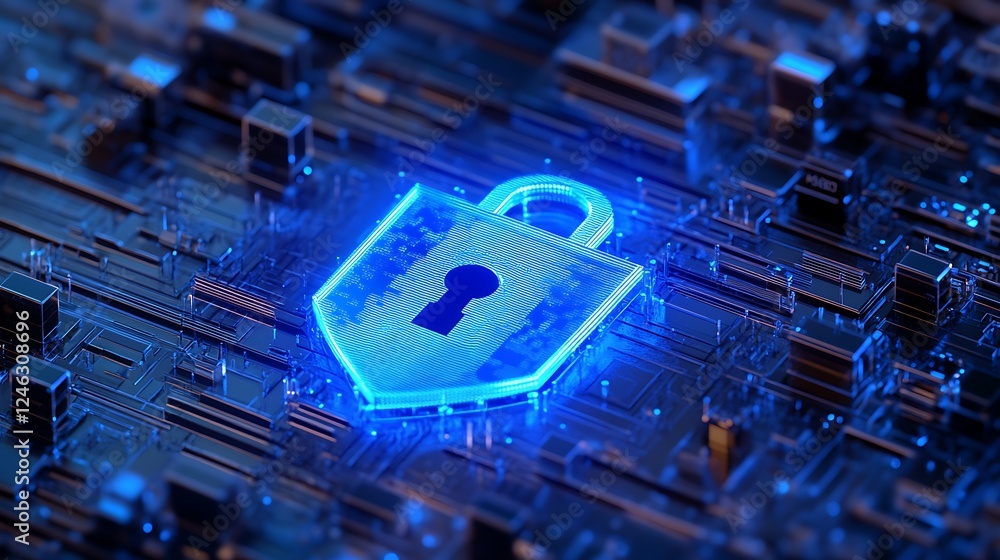 Poster futuristic digital lock symbol on circuit board representing data security and cyber protection conc