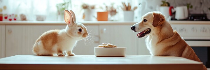 Rabbit’s pancake flipping fails while a cheerful dog enjoys the baking fun in a cozy kitchen