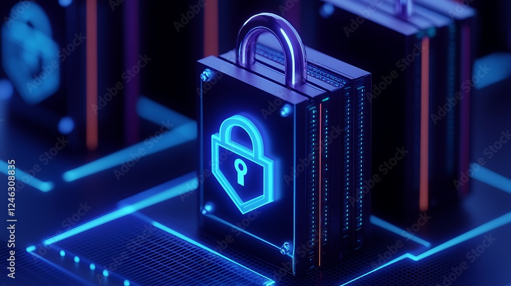 Poster futuristic digital lock with neon glow on a circuit board background for security and technology con