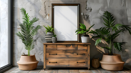 Wooden cabinet, dresser against concrete wall with empty blank mock up poster frame with copy space. Rustic home interior design of modern living room