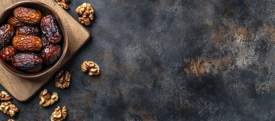 Dates and Walnuts on Dark Tabletop