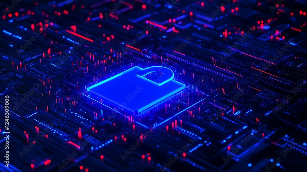 Poster futuristic digital padlock on complex circuit board with neon lights in cybersecurity theme