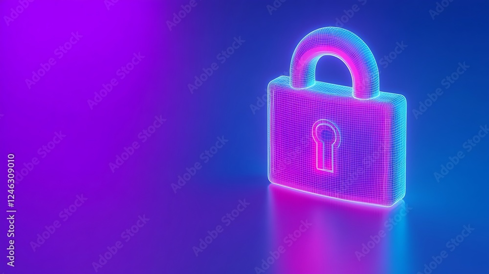Poster futuristic digital padlock with glowing neon effects on a gradient background illustrating cybersecu