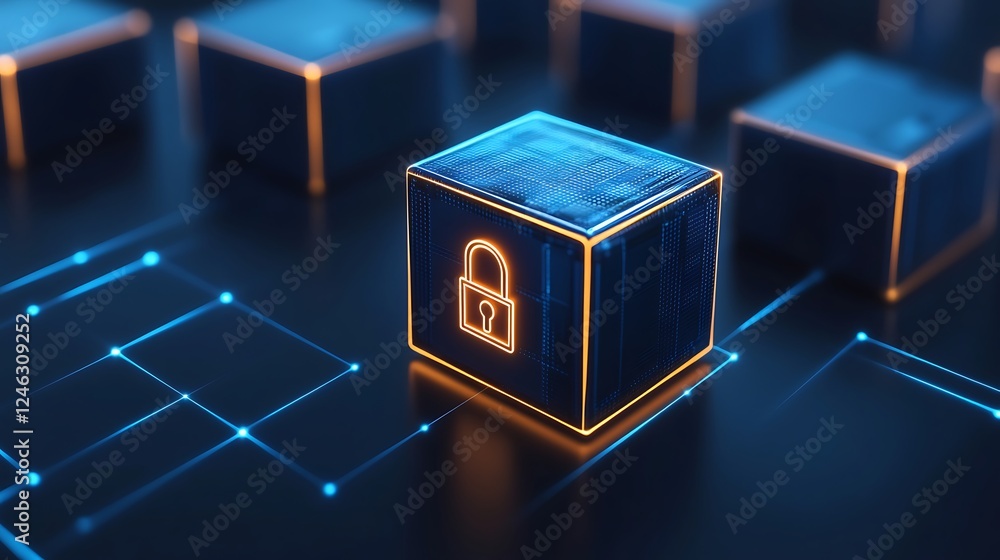 Poster futuristic digital security concept with glowing lock symbol on a cube in a technology background