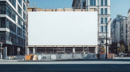 Obraz premium Expansive White Hoarding in Urban Setting with Construction Elements and Clear Blue Sky Above