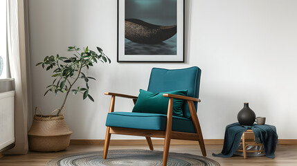 Wooden chair with teal cushion against white wall with art poster frame. Mid-century style home interior design of modern living room