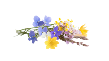 Delicate wildflowers, loosely gathered in a minimalist bouquet; botanical arrangement in a studio setting; isolated; delicate; romantic; bright; cheerful