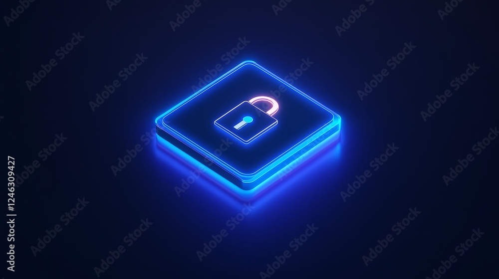 Poster futuristic glowing padlock icon on dark background representing digital security and privacy technol