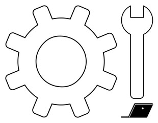 Gear, wrench, and laptop signify mechanics, repairs, and productivity. Ideal for themes thumbs up maintenance, tech support, industrial processes, efficiency engineering development proactive