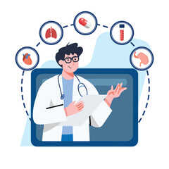 Doctor providing online medical consultation services via telehealth platform. Perfect for websites and healthcare applications