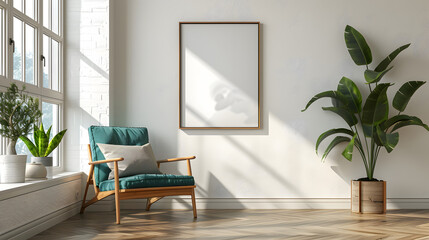 Wooden chair with teal cushion against white wall with art poster frame. Mid-century style home interior design of modern living room