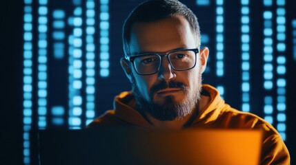 Focused individual working on a laptop in a dark environment with digital code projections in the background at night