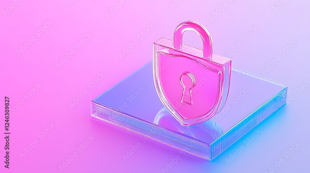 Poster glossy transparent pink lock icon on reflective surface with soft gradient background for digital se