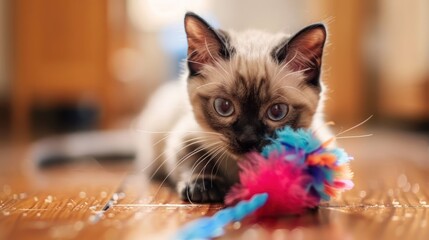 Playful kitten engaging with colorful toy on wooden floor, warm indoor setting with blurred background