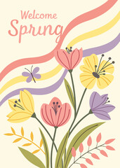welcome spring with flowers, poster or card illustration