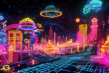 Metaverse digital world in neon colors, featuring cyber space and future technology with internet connection concepts