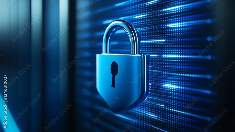 Poster glowing blue padlock on digital background representing security and data protection in cyber space