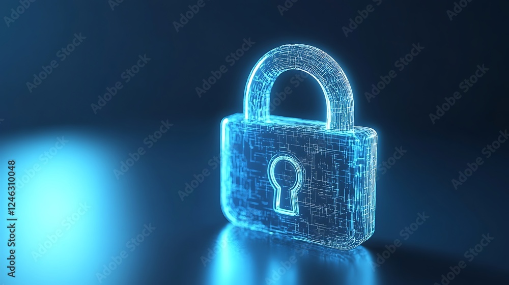 Poster glowing digital lock icon representing cybersecurity and data protection in a modern tech environmen