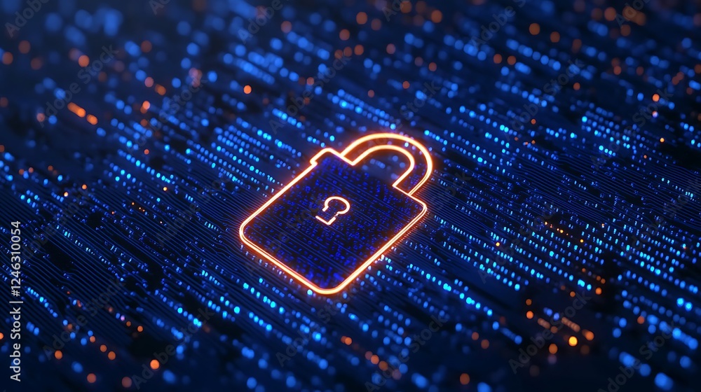 Poster glowing digital padlock on abstract blue and orange background representing cybersecurity and data p