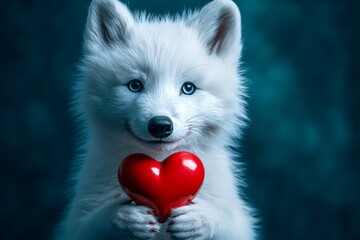 Naklejka premium Cute arctic wolf baby with domestic animal toy red heart - emblem of love, funny greeting card. Commercial idea. Advertising concept. Arctic wolf - my cherished animal. Cute animal hearts.
