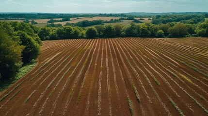 Aerial view of a freshly plowed agricultural field with rows of crops under a clear sky