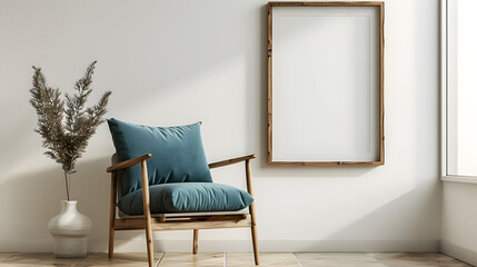 Wooden chair with teal cushion against white wall with art poster frame. Mid-century style home interior design of modern living room