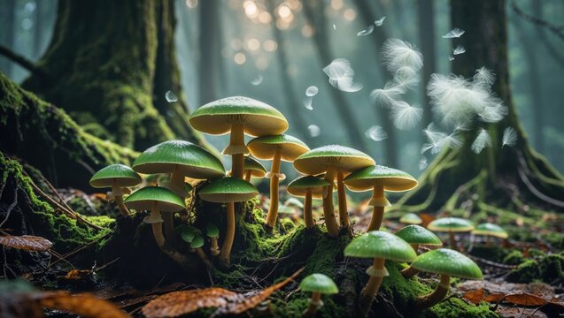 Enchanted forest scene with a cluster of vibrant green mushrooms sprouting from moss-covered ground.  Dandelion seeds float in the air, adding to the magical atmosphere.
