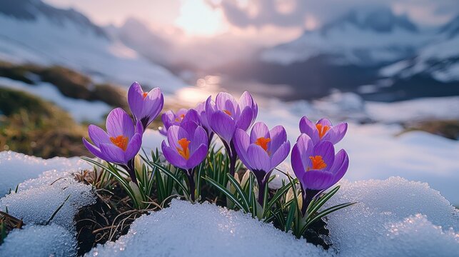 Vibrant purple crocuses bloom through melting snow in a majestic mountain landscape at sunset