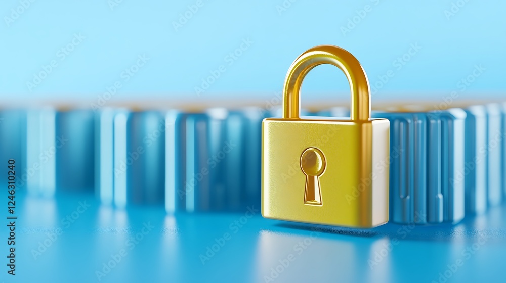 Poster golden padlock on blue background representing security and protection in digital technology and dat