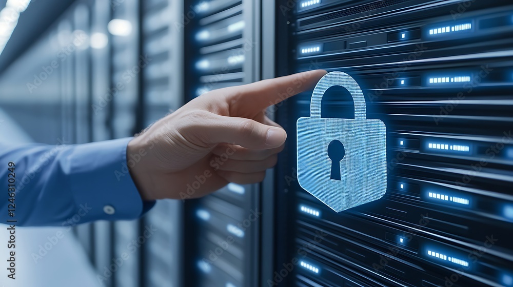 Poster hand reaching for digital lock symbol on server rack in data center representing cybersecurity and d