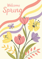 welcome spring with flowers, poster or card illustration